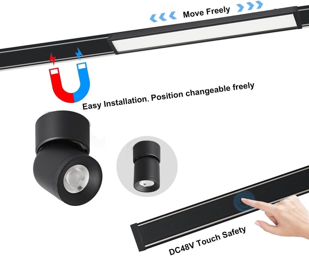 Lámpara Slim Magnética LED tipo Mini Spot Light Circular p/Riel de 27mm de ancho, 8W, 4000K Blanco Natural, 48Vdc, Diámetro: 55mm, Instalación: Empotrar o Superficie, 60 Grados, Negra