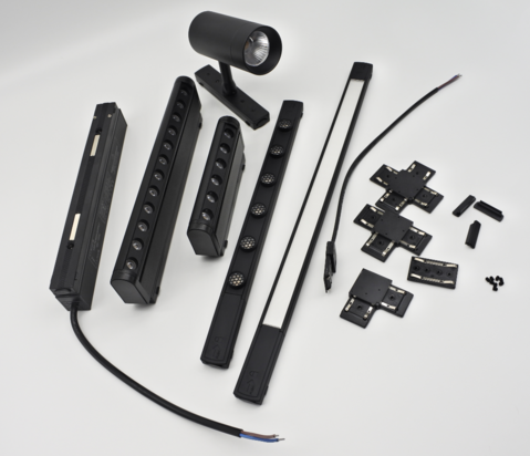 Conector en L Horizontal, p/Riel de 27mm de ancho de Lámpara Slim Magnética de 2 cables, 48Vdc, Negro