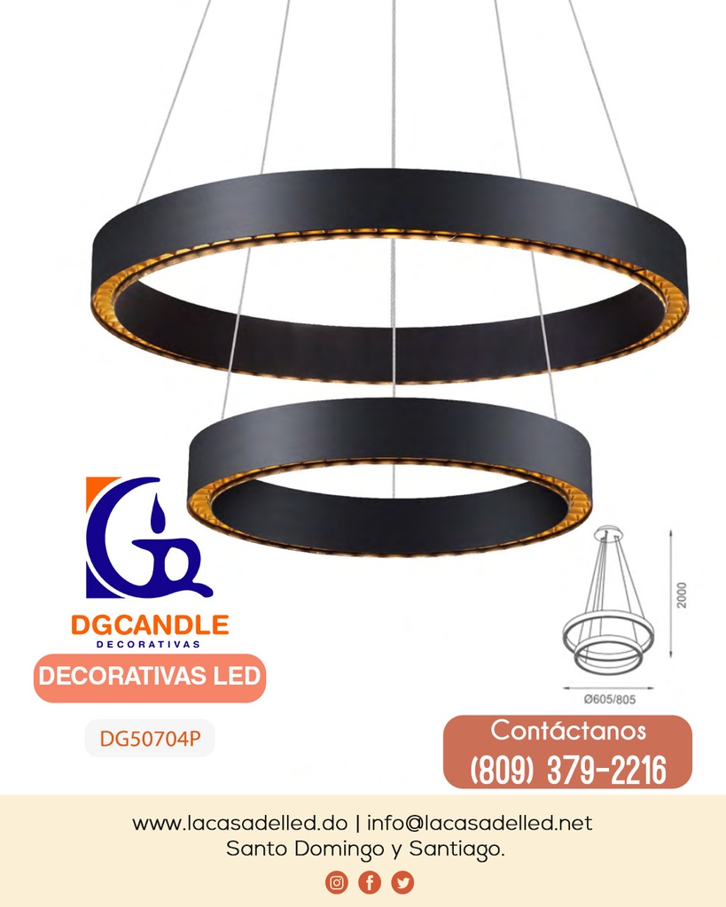 Lámpara LED Decorativa Colgante, DG50704P, 98W, NW 4000K, 85-265Vac, Dimensiones: 805x805x1500mm, IP20, Negro