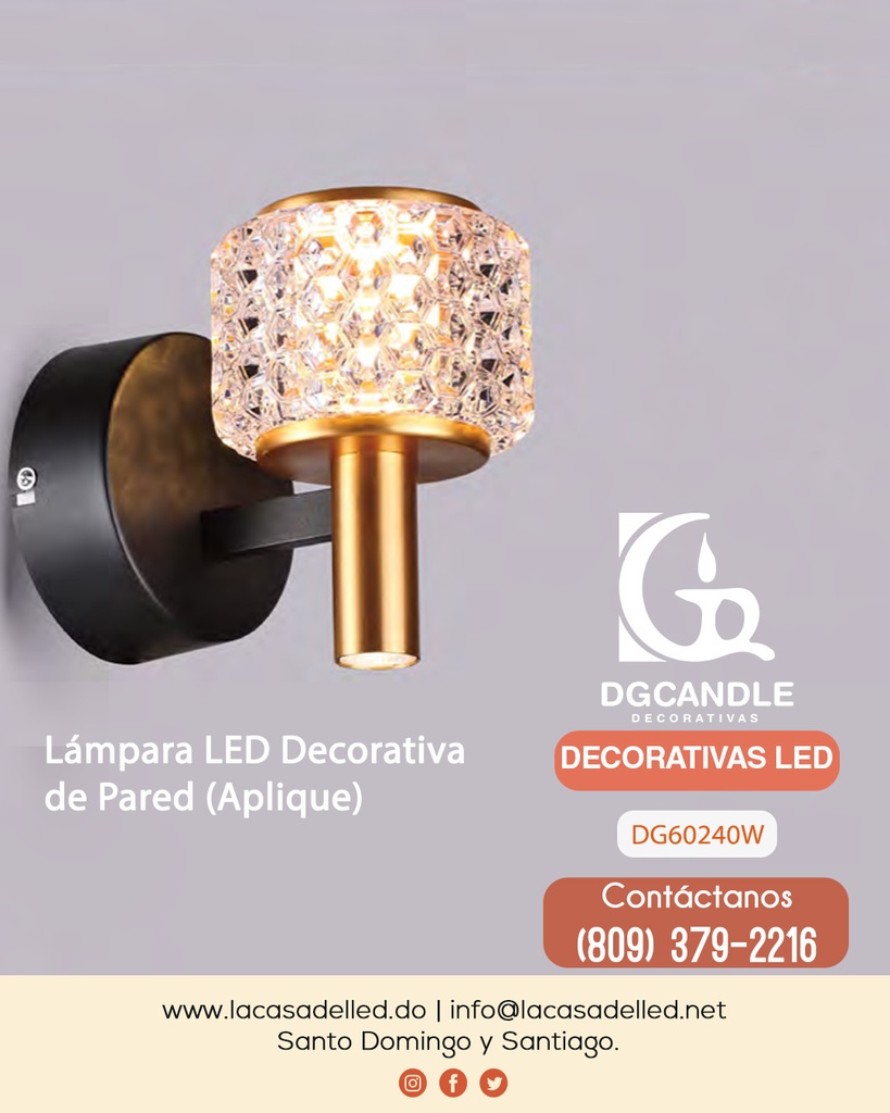 Lámpara LED Decorativa de Pared (Aplique), DG60240W, 6W, NW 4000K, 85-265Vac, Dimensiones: 178x120x170mm, IP20, Dorado con Negro