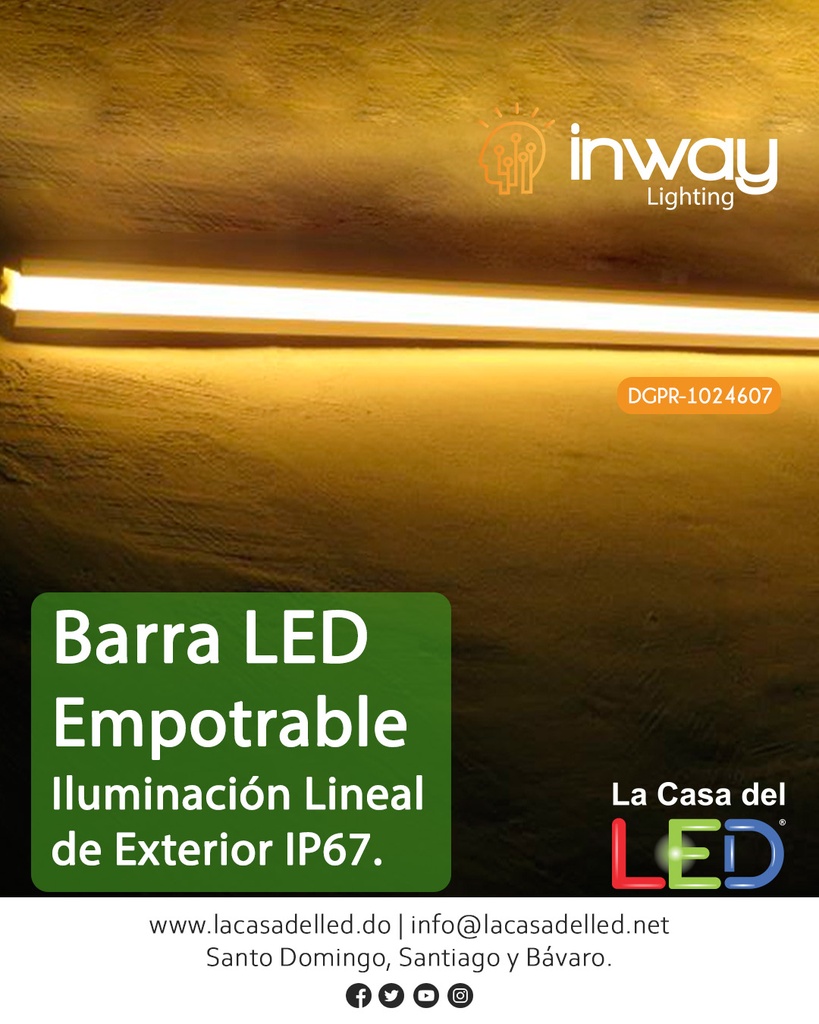 Barra LED, p/Empotrar de Exterior, 24W, CW 6000K, 24Vdc, IP67, 120 Grados, Dimensiones: 1000x33.2x51mm, Material: Aluminio