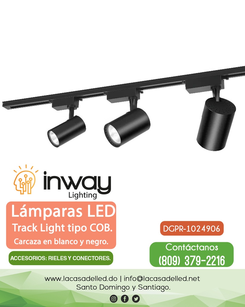 Track Light, tipo COB de 2 cables, 15W, CW 6000K, 100-260Vac, IP20, 38 Grados, Negro, Dimensiones: Φ73x100mm