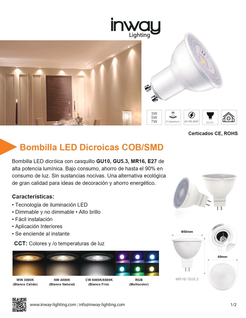 Bombilla LED Dicroica COB, 5W, 4000K Blanco Natural, GU5.3/MR16, 100-260Vac, IP20, 30 Grados, Dimensiones: Ф50x60mm