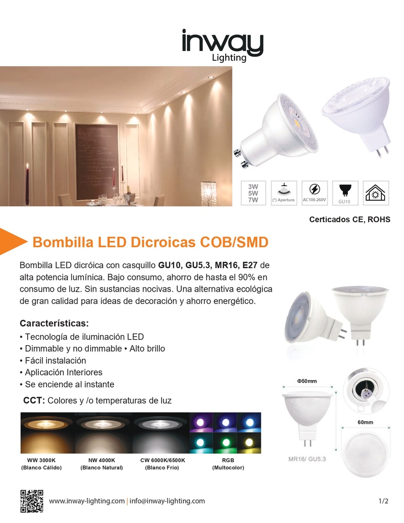 Bombilla LED Dicroica COB, 5W, 6000K Blanco Frío, GU5.3/MR16, 100-260Vac, IP20, 30 Grados, Dimensiones: Ф50x60mm