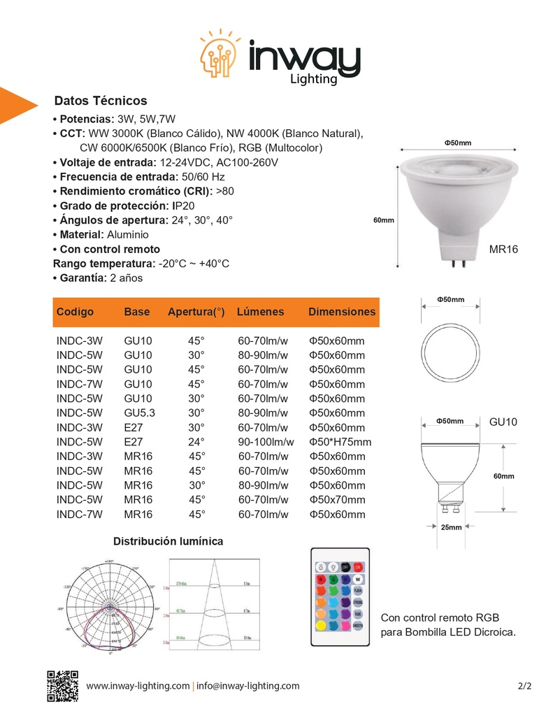 Bombilla LED Dicroica COB, 3W, RGB, E27, 100-260Vac, IP20, 30 Grados, Dimensiones: Ф50x60mm, con Control