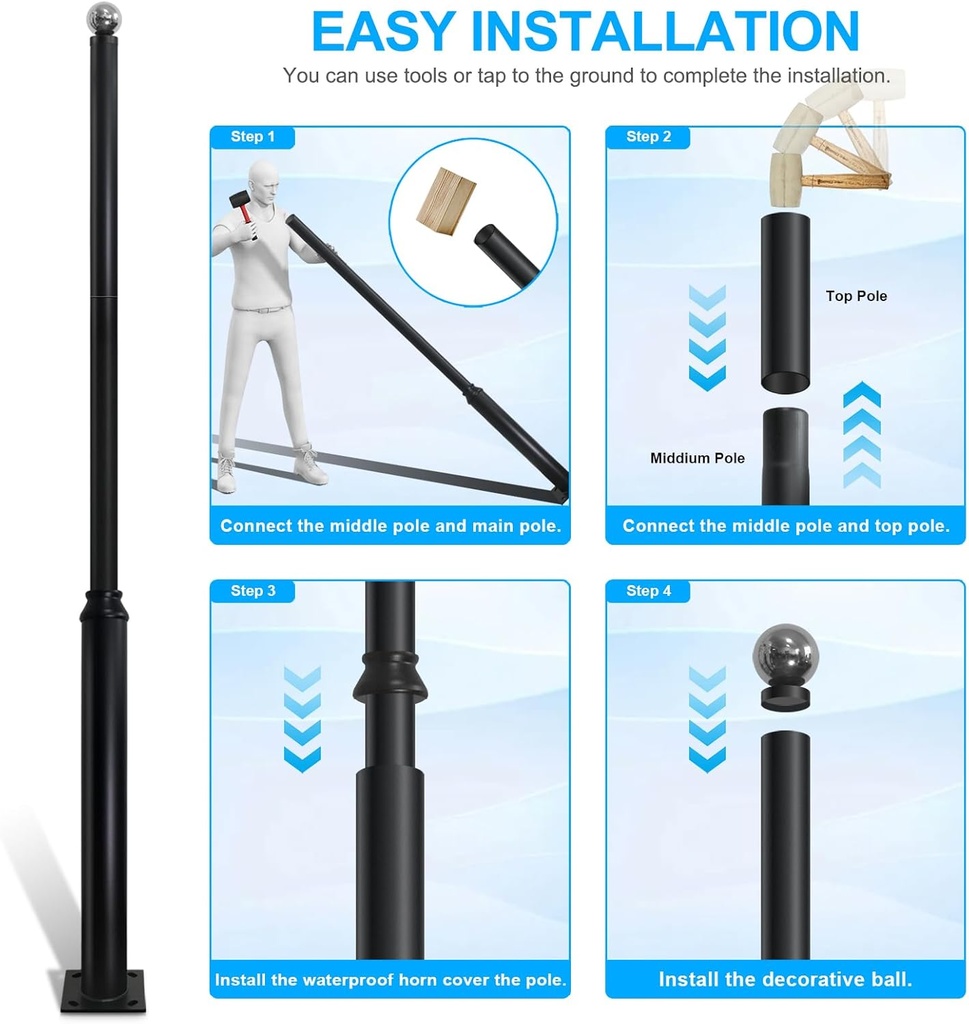 Poste Modular color negro p/Luminaria, Largo: 6Mts, con medida en la parte superior de 76mm, Incluye: base de sujeción 220x220xT8mm