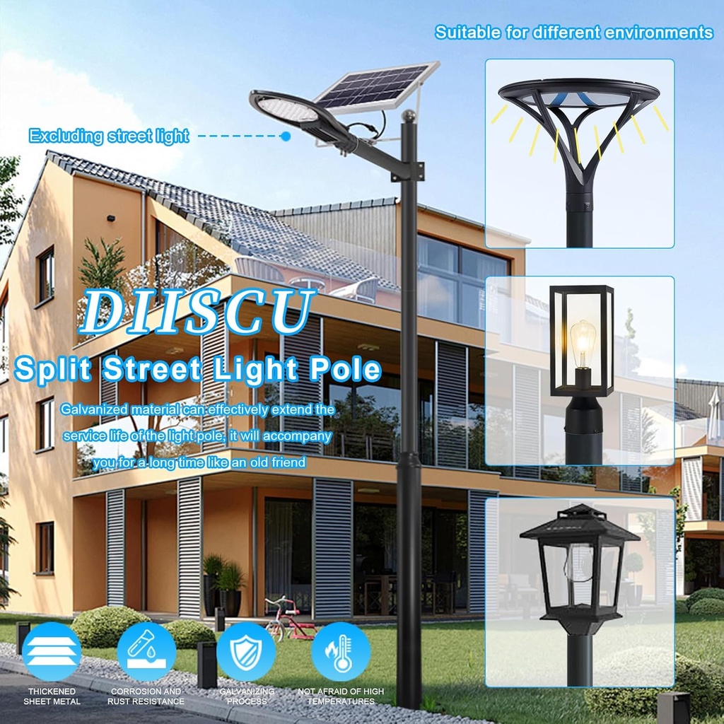 Poste Modular color negro p/Luminaria, Largo: 6Mts, con medida en la parte superior de 76mm, Incluye: base de sujeción 220x220xT8mm