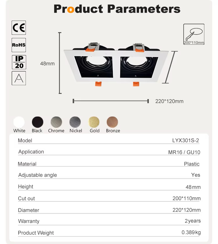 Base Doble Rectangular p/Empotrar 2 Bombillas, Dirigible, Dimensiones: 220x119x37mm, Blanco, Incluye zocalo GU10