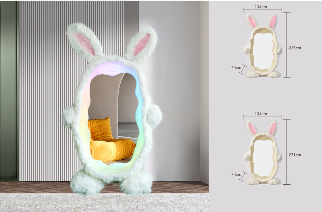 Usagi Hikari: Espejo iluminado con textura suave como piel de conejo, inspirado en la magia del anime japonés. Elegante, moderno y lleno de encanto, perfecto para espacios juveniles con un toque sofisticado.
