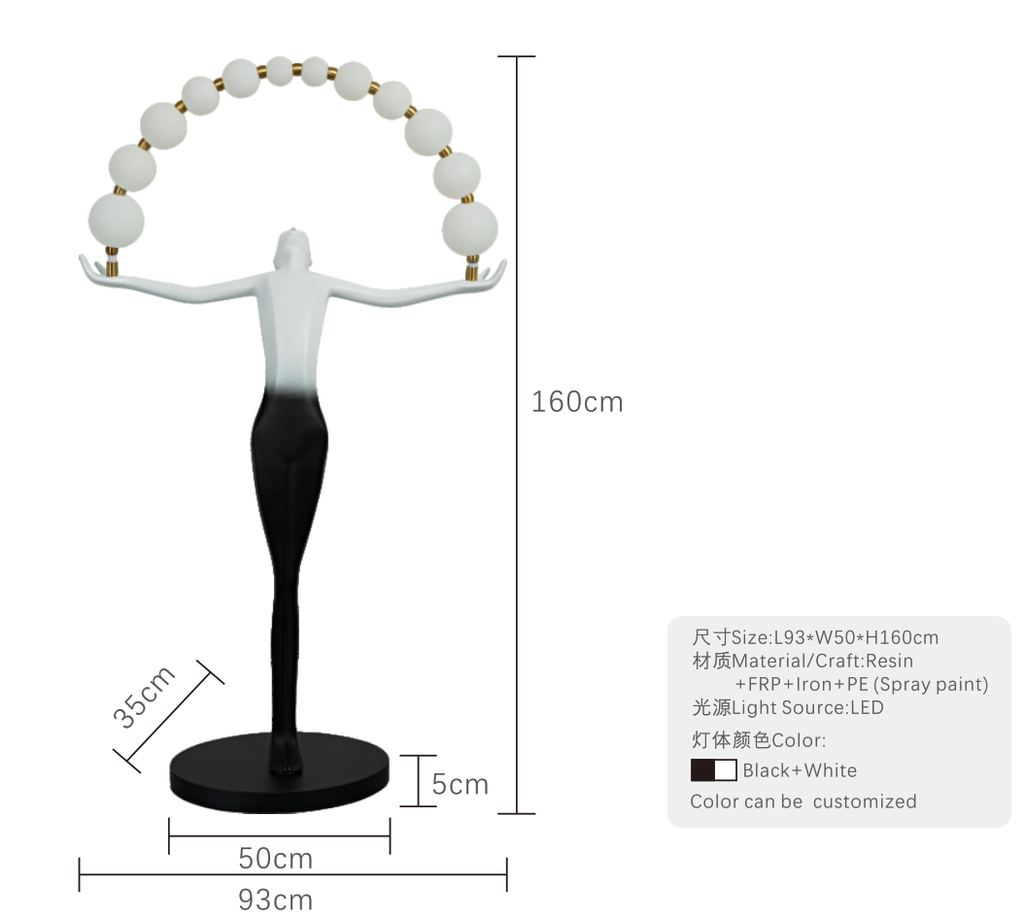 Artemisa: Escultura alargada, femenina y equilibrada, con esferas de luz en arco que representan precisión y elegancia, características de la diosa cazadora.