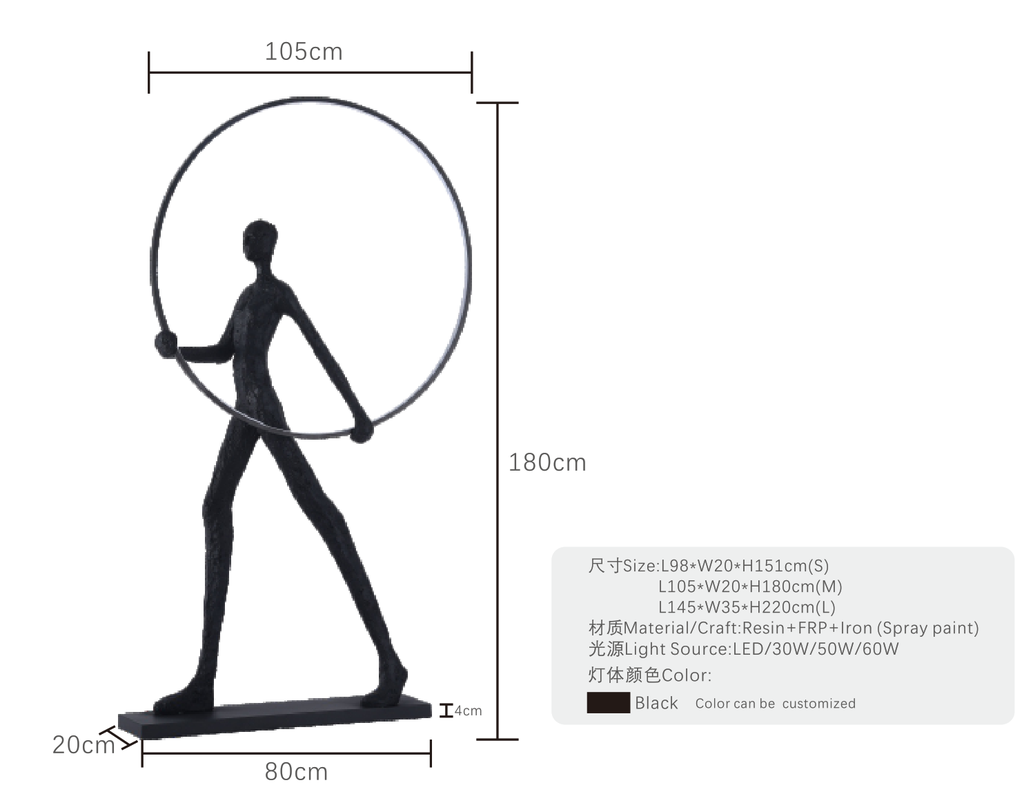 Aurora: Escultura de una figura con un círculo luminoso, simbolizando el amanecer y la salida del sol, inspirado en la diosa Aurora.