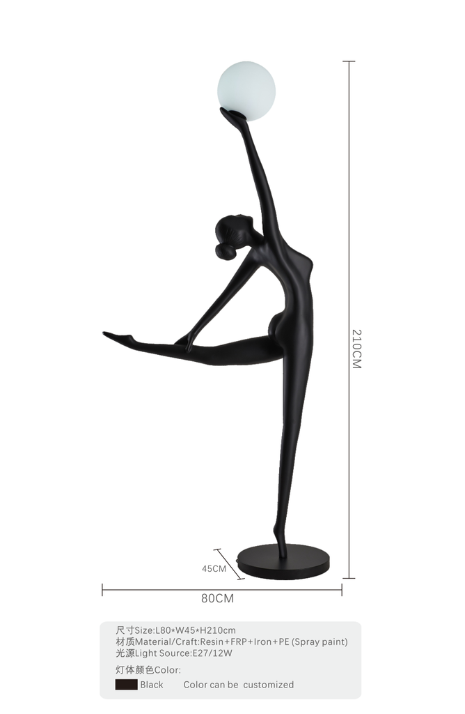 Galatea: Escultura de una figura femenina en equilibrio, con un globo de luz en alto y posturas elegantes, inspirada en Galatea, la obra de Pigmalión