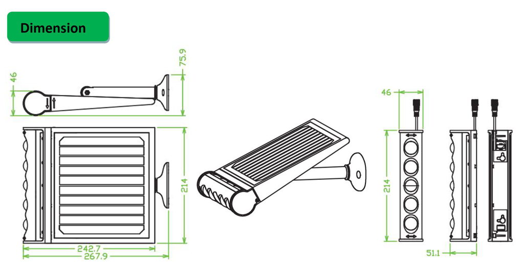 Lámpara Solar LED de Pared (Aplique) de 8W con Panel Solar Integrado de 4.5W, 5.5V y Sensor de Movimiento, 4000K Blanco Natural, 120 Grados, Con Batería de Litio de 14.8Wh, IP65, Dimensiones: 214x268x76mm, Negro
