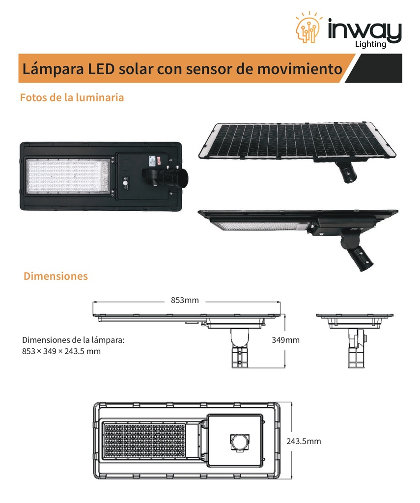 Lámpara Solar de Calle LED de 80W con Panel Integrado de 42W, 17.5V y Sensor de Movimiento, 6000K Blanco Frío, 140x70 Grados, Con Batería de Litio 153.6Wh, 17.5V, IP65, Negra, 172.5Lm/W