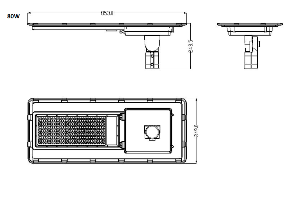 Lámpara Solar de Calle LED de 80W con Panel Integrado de 42W, 17.5V y Sensor de Movimiento, 6000K Blanco Frío, 140x70 Grados, Con Batería de Litio 153.6Wh, 17.5V, IP65, Negra, 172.5Lm/W
