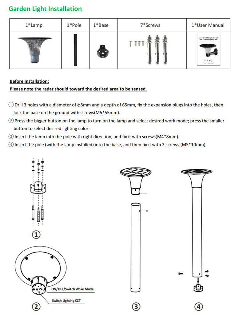 Bolardo Solar LED de 15W con Panel Solar Integrado de 5.8W, 4.5V y Sensor de Movimiento, 3000K + 4000K, 360 Grados, Con Batería de Litio de 19.2Wh, IP65, Dimensiones: 257x257x879.7mm, Negro