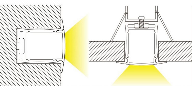 Perfil de Aluminio p/Cinta LED con PCB de 8-20mm, DG-E2310, Medidas: 23.5x9.75x2500mm, p/Empotrar, incluye: difusor opal con nivel de transparencia de un 65%, 2 tapas terminales y 4 clips, Plateado