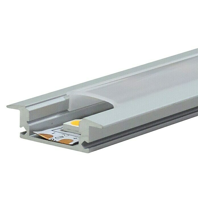 Perfil de Aluminio p/Cinta LED con PCB de 8-20mm, DG-E2310, Medidas: 23.5x9.75x2500mm, p/Empotrar, incluye: difusor opal con nivel de transparencia de un 65%, 2 tapas terminales y 4 clips, Plateado