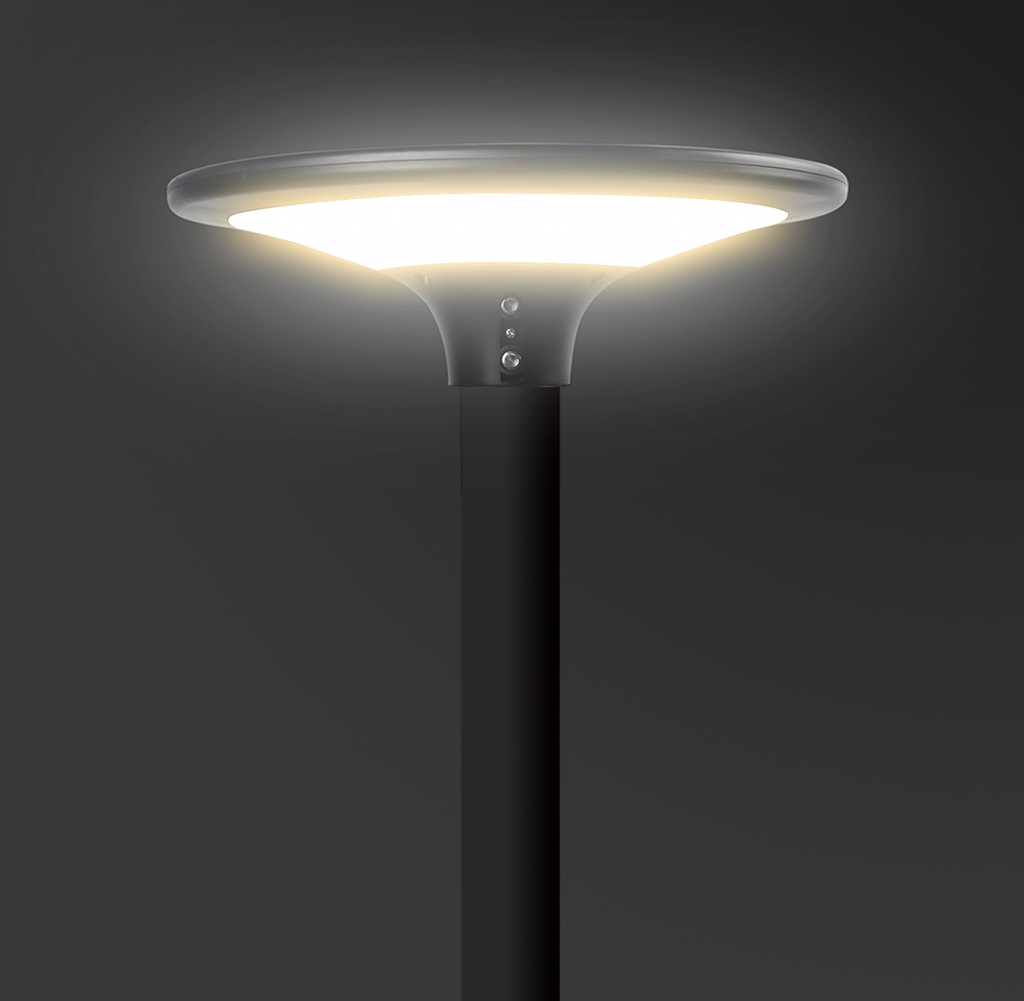 Lámpara Solar Garden Light LED, 20W, con Panel Integrado de 12.5W, 10V, 3000K + 4000K, Con Batería de Litio 38.4Wh, 6.4V, 6000mAh, Base: 50-60mm, IP65, 360 Grados