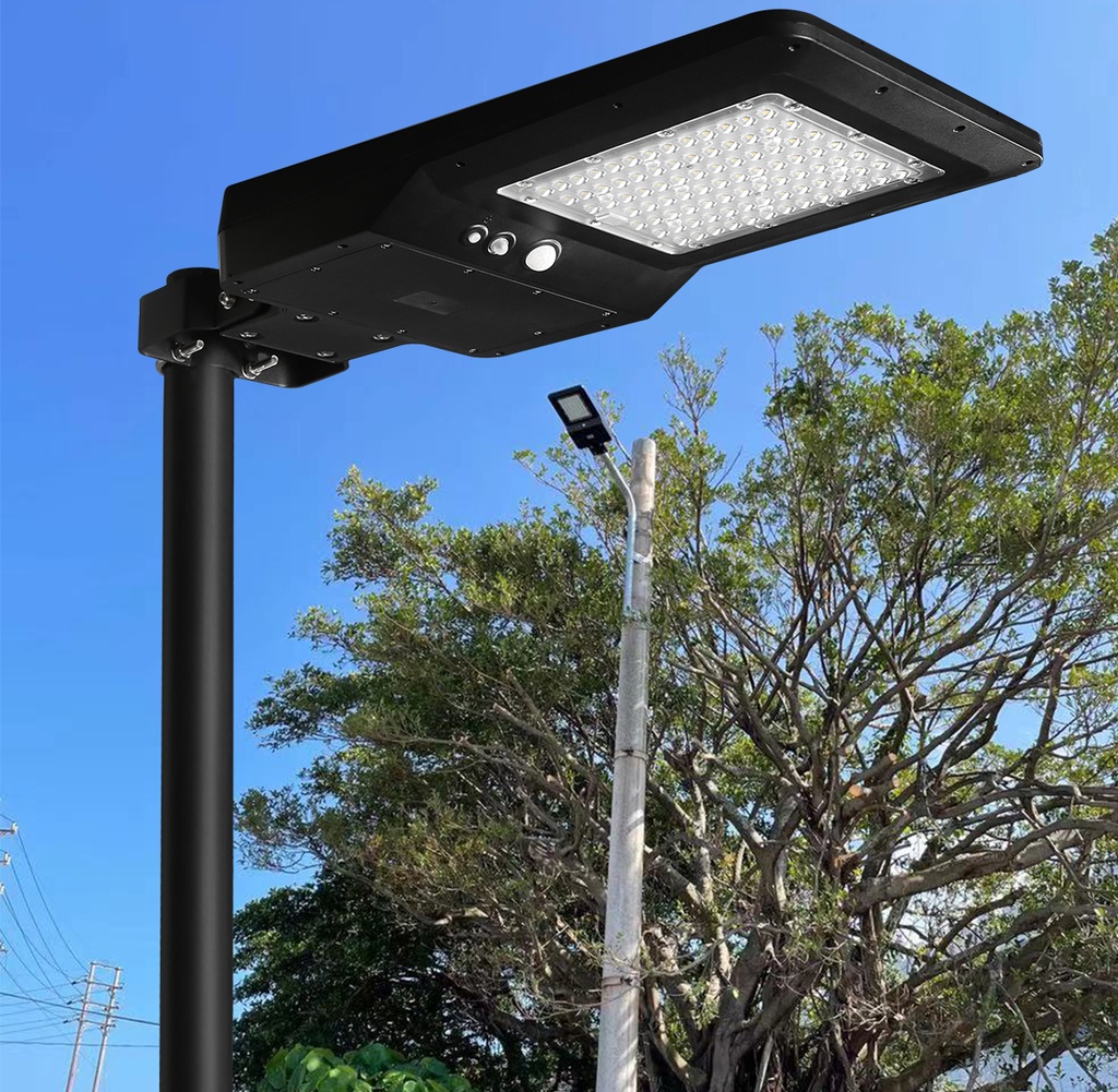 Lámpara Solar de Calle LED de 40W con Panel Integrado de 21W, 13.5V y Sensor de Movimiento, SMD2835 x 90pcs, 5000K, 140x70 Grados, Con Batería de Litio 115.2Wh, 9.6V, 12000mAh, IP65, Negra, 150Lm/W