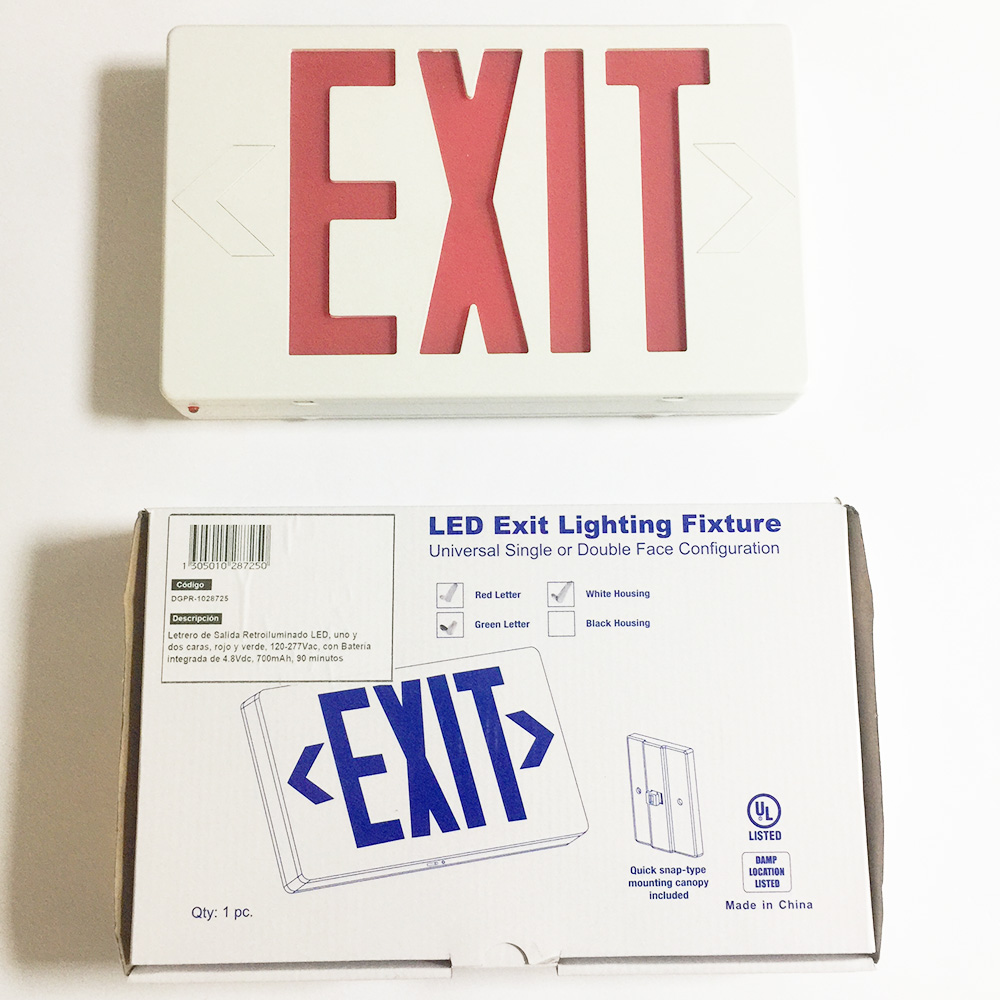 Letrero de Salida Retroiluminado LED, uno y dos caras, rojo y verde, 120-277Vac, con Batería integrada de 4.8Vdc, 700mAh, 90 minutos