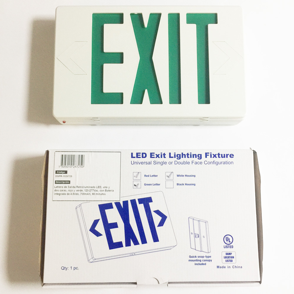 Letrero de Salida Retroiluminado LED, uno y dos caras, rojo y verde, 120-277Vac, con Batería integrada de 4.8Vdc, 700mAh, 90 minutos