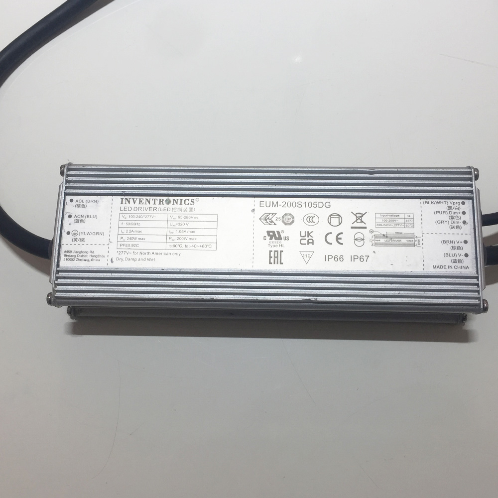 Driver p/Lampara LED Dimmable de 0-10Vdc, IP67, 200W, 100-277Vac, con Supresor de Pico Interno de 10KV, Output: 95-286Vdc, 700-1050mA, Programable