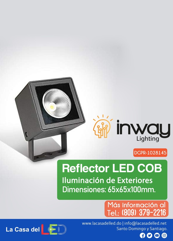 Reflector COB LED, 6.5W, 3000K Blanco Cálido, 100-265Vac, IP65, 30 Grados, Dimensiones: 65x65x100mm, Gris Oscuro, Material: Aluminio