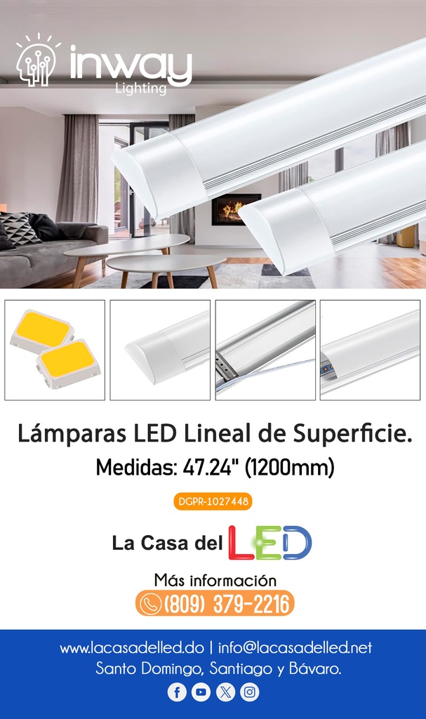 Lámpara Slim Lineal de Superficie LED, 36W, 47.24"(1200mm), 6000K Blanco Frío, Difusor Opal, 100-265Vac, IP20, 120 Grados, Incluye: Clips