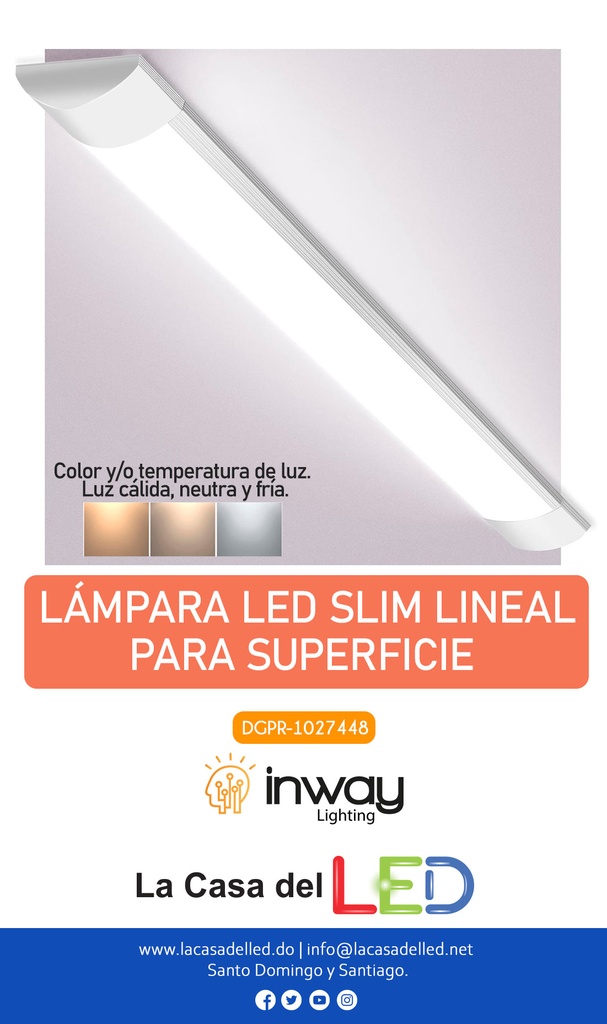 Lámpara Slim Lineal de Superficie LED, 36W, 47.24&quot;(1200mm), 6000K Blanco Frío, Difusor Opal, 100-265Vac, IP20, 120 Grados, Incluye: Clips