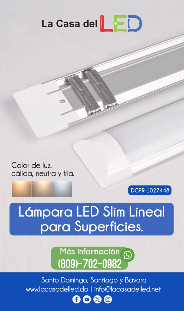 Lámpara Slim Lineal de Superficie LED, 36W, 47.24"(1200mm), 6000K Blanco Frío, Difusor Opal, 100-265Vac, IP20, 120 Grados, Incluye: Clips
