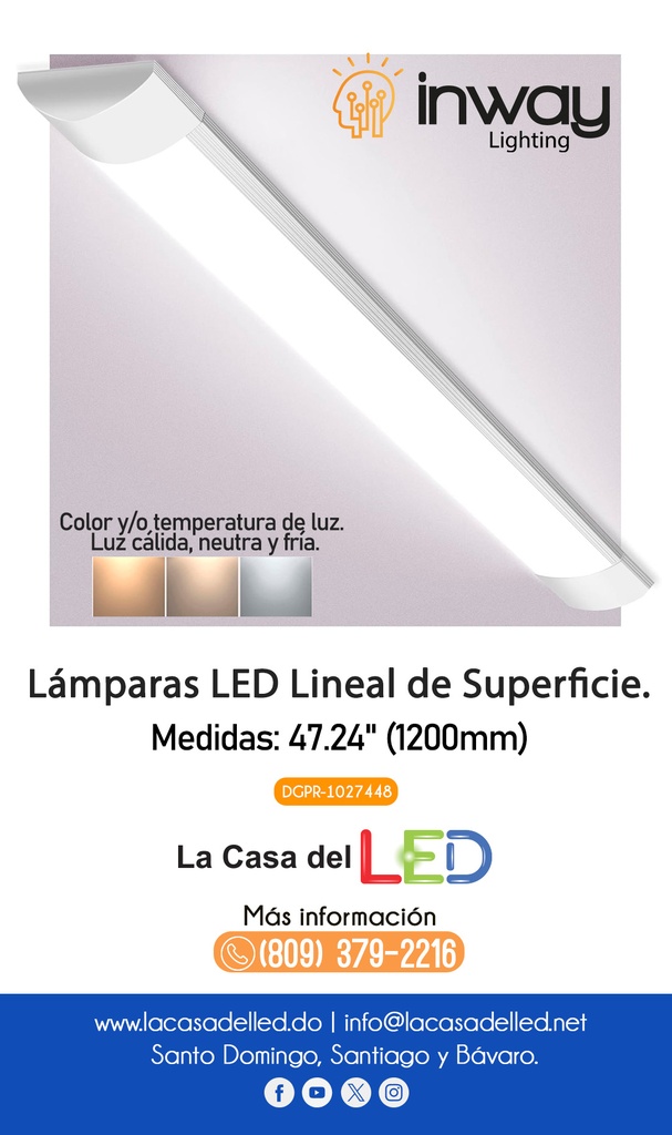 Lámpara Slim Lineal de Superficie LED, 36W, 47.24"(1200mm), 6000K Blanco Frío, Difusor Opal, 100-265Vac, IP20, 120 Grados, Incluye: Clips