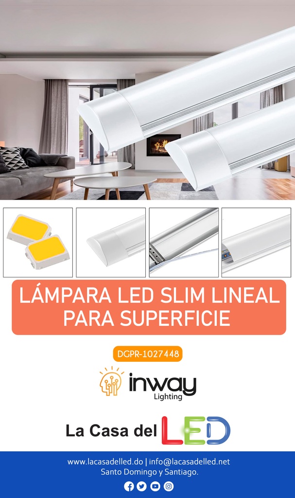 Lámpara Slim Lineal de Superficie LED, 36W, 47.24&quot;(1200mm), 6000K Blanco Frío, Difusor Opal, 100-265Vac, IP20, 120 Grados, Incluye: Clips