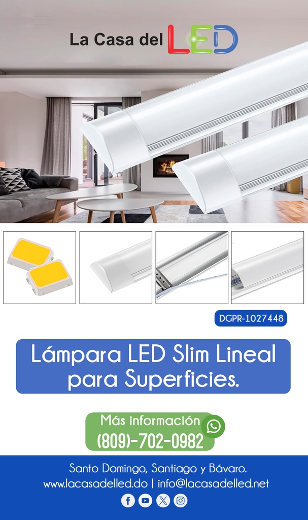 Lámpara Slim Lineal de Superficie LED, 36W, 47.24"(1200mm), 6000K Blanco Frío, Difusor Opal, 100-265Vac, IP20, 120 Grados, Incluye: Clips