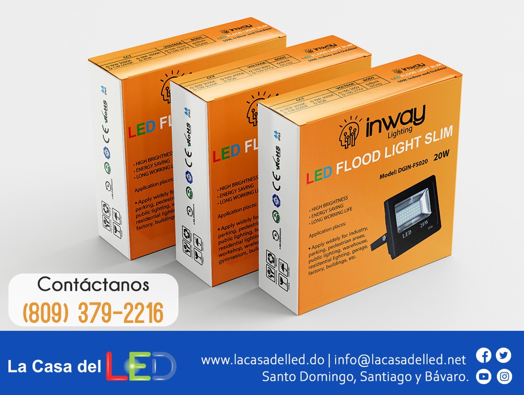 Lámpara Flood Light SMD Slim, 20W, WW 3000K, 85-265Vac, IP65, 120 Grados, Negra