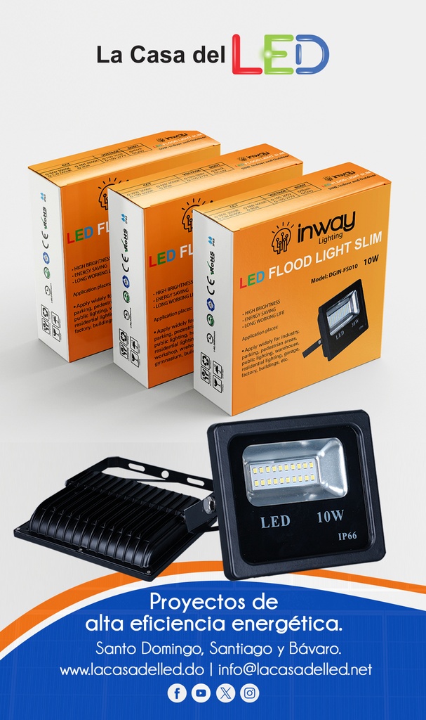 Reflector SMD Slim, 10W, 6000K Blanco Frío, 85-265Vac, IP65, 120 Grados, Negra