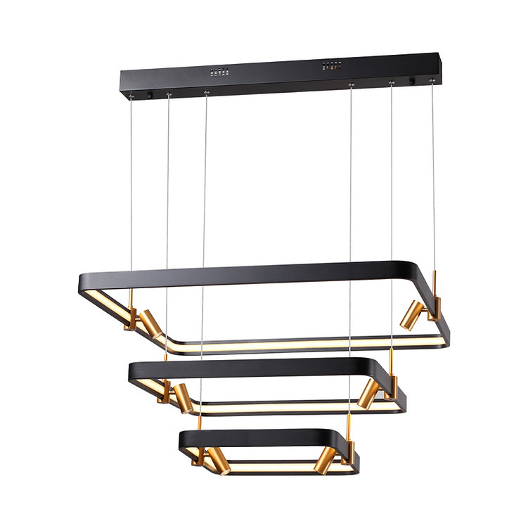 Lámpara LED Decorativa Colgante, DG50355P, 256W, 4000K Blanco Natural, 85-265Vac, Dimensiones: (410x380+610x580+810x780+1010x980) x 2000mm, IP20, Negro con dorado