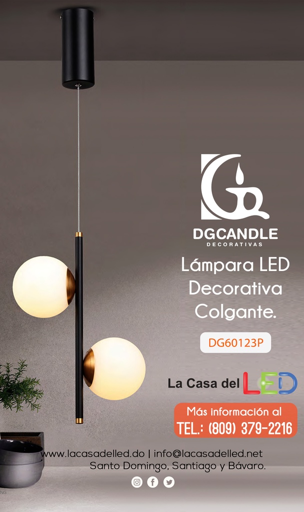 Lámpara LED Decorativa Colgante, DG60123P, 16W, 4000K Blanco Natural, 85-265Vac, Dimensiones: 285x130x1500mm, IP20, Negra con dorado