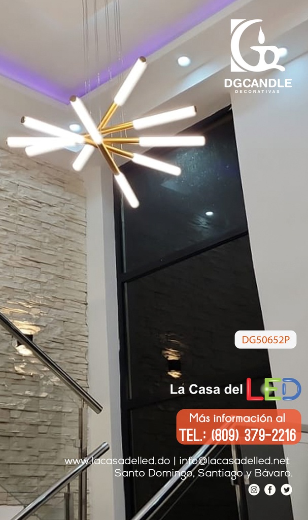 Lámpara LED Decorativa Colgante, DG50652P, 72W, 4000K Blanco Natural, 85-265Vac, Dimensiones: 900x900x1500mm, IP20, Dorado