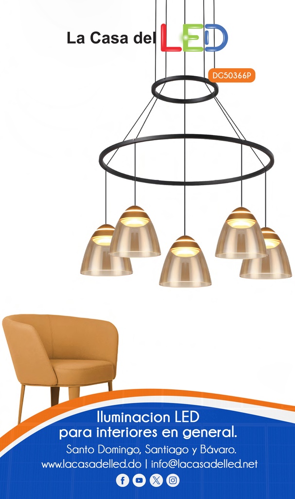 Lámpara LED Decorativa Colgante, DG50366P, 40W, 3000K Blanco Cálido, 85-265Vac, Dimensiones: 600x600x1500mm, IP20, Negro con dorado