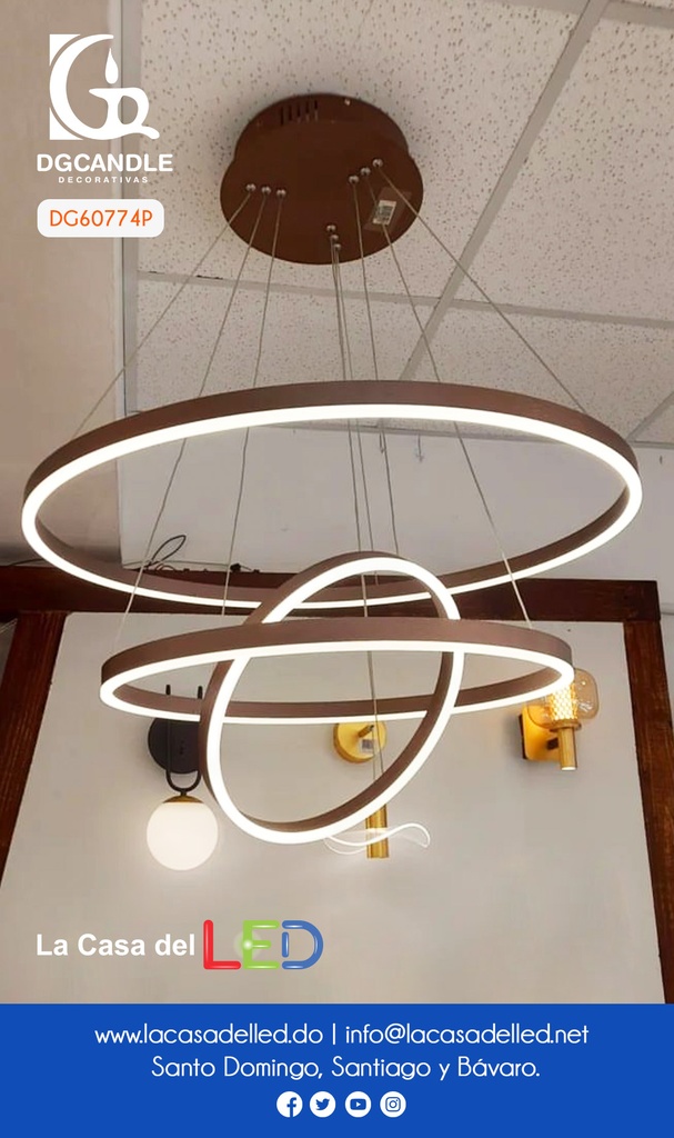 Lámpara LED Decorativa Colgante, DG60774P, 162W, 4000K Blanco Natural, 85-265Vac, Dimensiones: Φ(400+600+800)x1200mm, IP20, Marrón