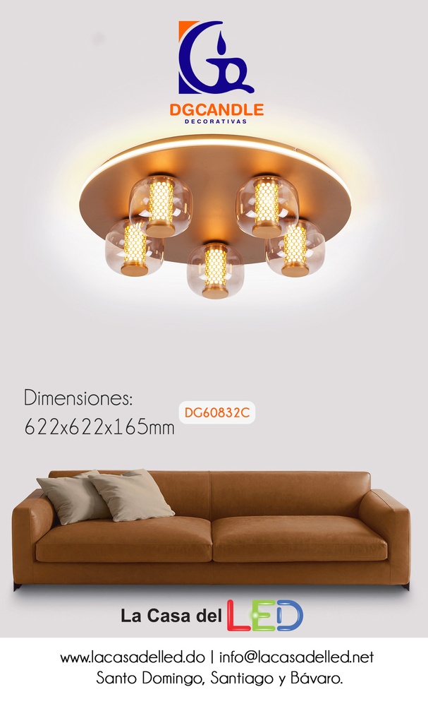 Lámpara LED Decorativa de Superficie, DG60832C, 48W, 4000K Blanco Natural, 85-265Vac, Dimensiones: 622x622x165mm, IP20, Dorado con blanco