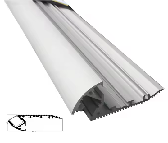 Perfil de Aluminio p/Cinta LED con PCB de 12mm, DG-ES6627, Medidas: 66.2x27x2000mm, p/Escalon, incluye: difusor opal con nivel de transparencia de un 65%, 2 tapas terminales, Plateado
