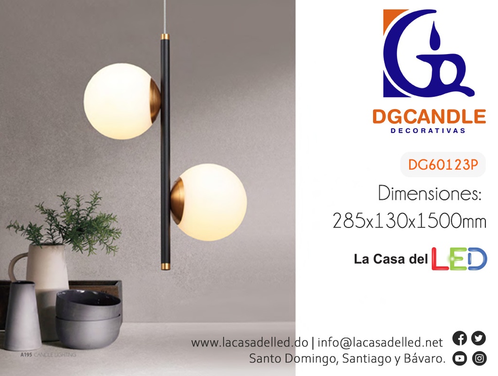 Lámpara LED Decorativa Colgante, DG60123P, 16W, 4000K Blanco Natural, 85-265Vac, Dimensiones: 285x130x1500mm, IP20, Negra con dorado