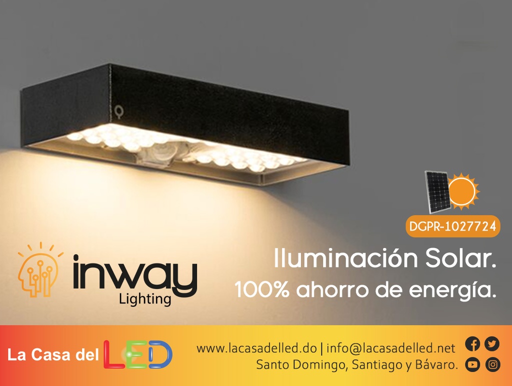 Lámpara Solar LED de Pared (Aplique) de 6W con Panel Solar Integrado de 2.8W, 5.5V y Sensor de Movimiento, SMD2835 x 35pcs, 3000K Blanco Cálido, 140x70 Grados, Con Batería de Litio de 11.1Wh, 3.7V, 3000mAh, IP65, Dimensiones: 230x97x42.7mm, Negro, 133Lm/W