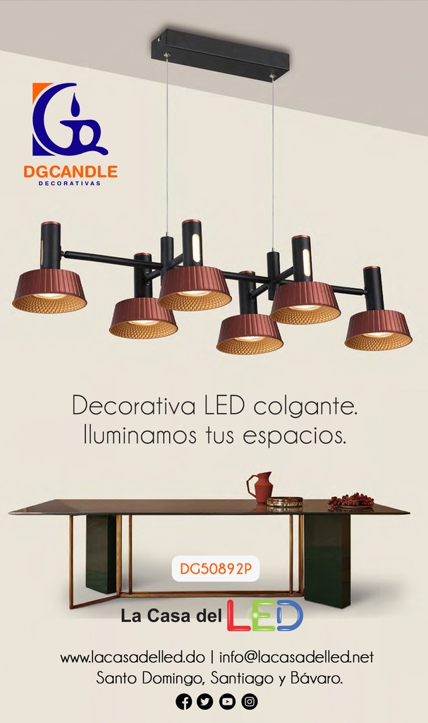 Lámpara LED Decorativa Colgante, DG50892P, 65W, 4000K Blanco Natural, 85-265Vac, Dimensiones: 1190x400x2000mm, IP20, Negro con Rose Gold