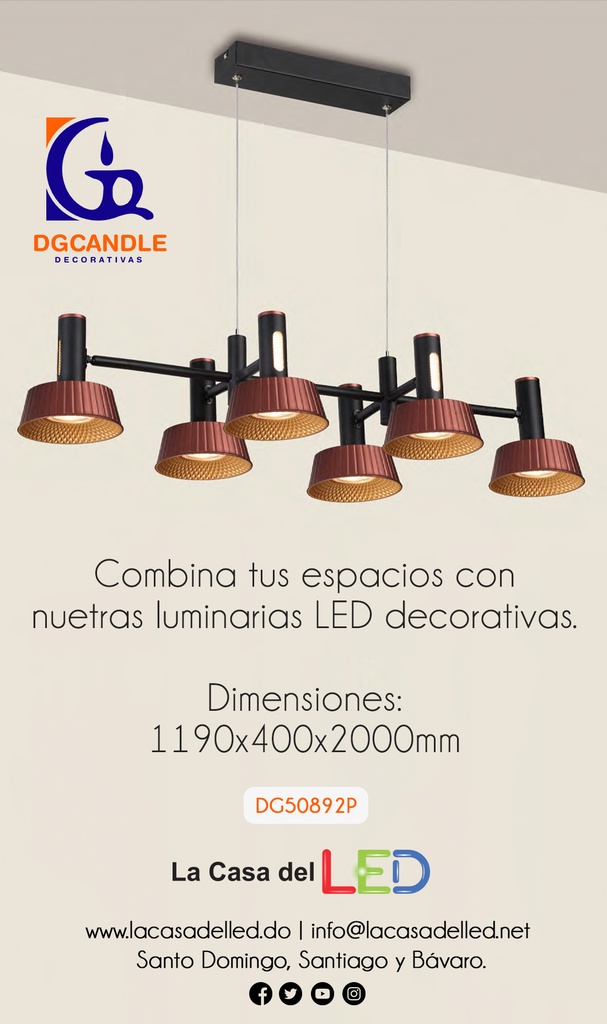 Lámpara LED Decorativa Colgante, DG50892P, 65W, 4000K Blanco Natural, 85-265Vac, Dimensiones: 1190x400x2000mm, IP20, Negro con Rose Gold
