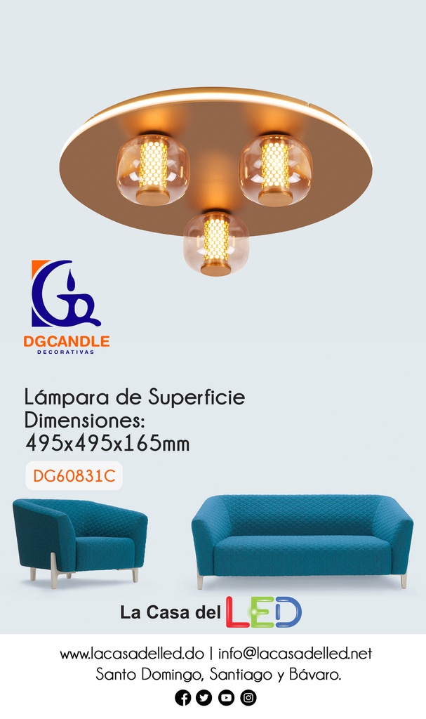Lámpara LED Decorativa de Superficie, DG60831C, 36W, 4000K Blanco Natural, 85-265Vac, Dimensiones: 495x495x165mm, IP20, Dorado con blanco