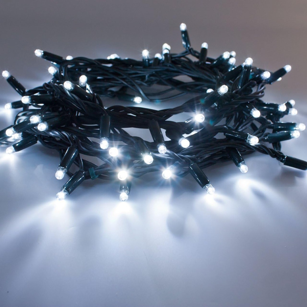 Extensión Navideña LED p/Exterior, 8W, 1,275Lm, 6000K Blanco Frio, 150LED/10Metros, 110Vac, Con cable verde de cobre 3xφ0.23mm2, IP65