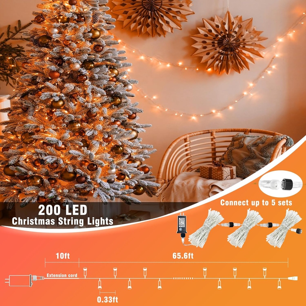 Extensión Navideña LED p/Exterior, 8W, 1700Lm, Orange, 200LED/10Metros, 110Vac, Con cable clear de cobre 3xφ0.2mm2, IP44